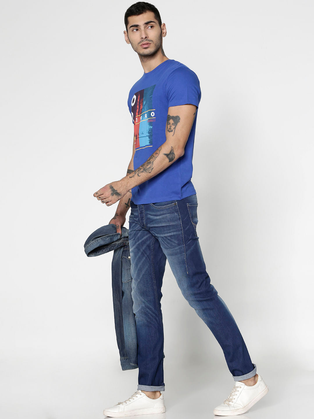 Blue Printed Slim Fit Crew Neck T-Shirt