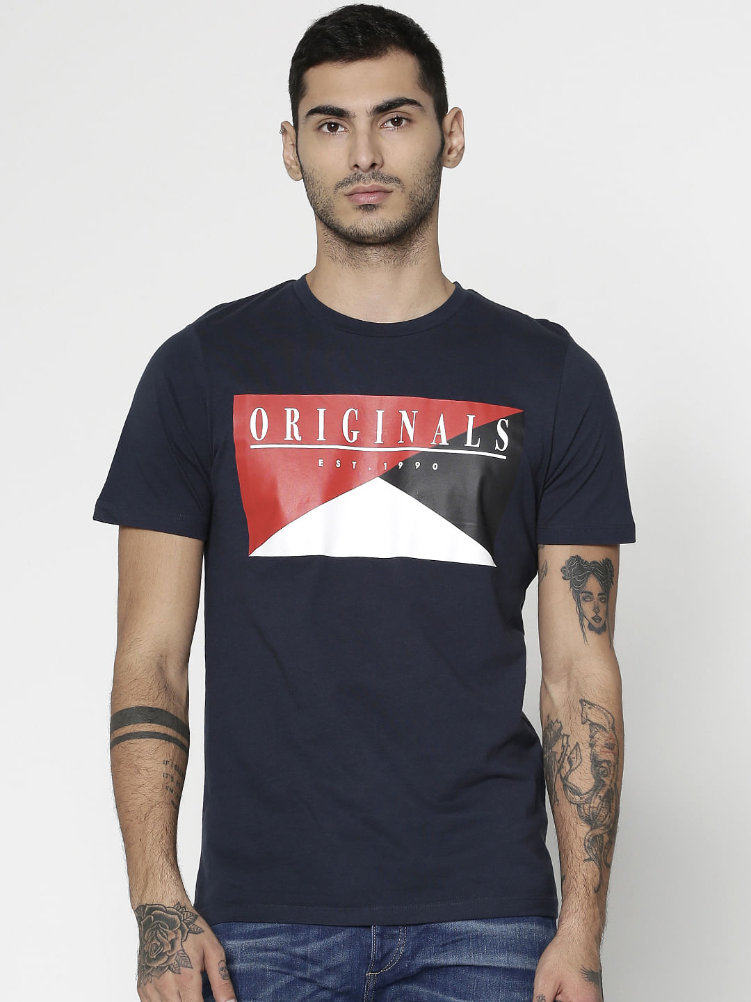 Navy Blue Text Print Slim Fit Crew Neck T-Shirt
