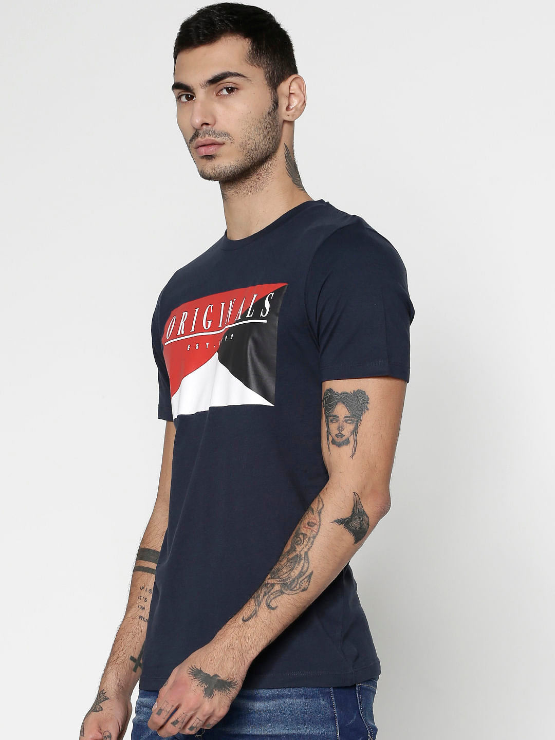 Navy Blue Text Print Slim Fit Crew Neck T-Shirt