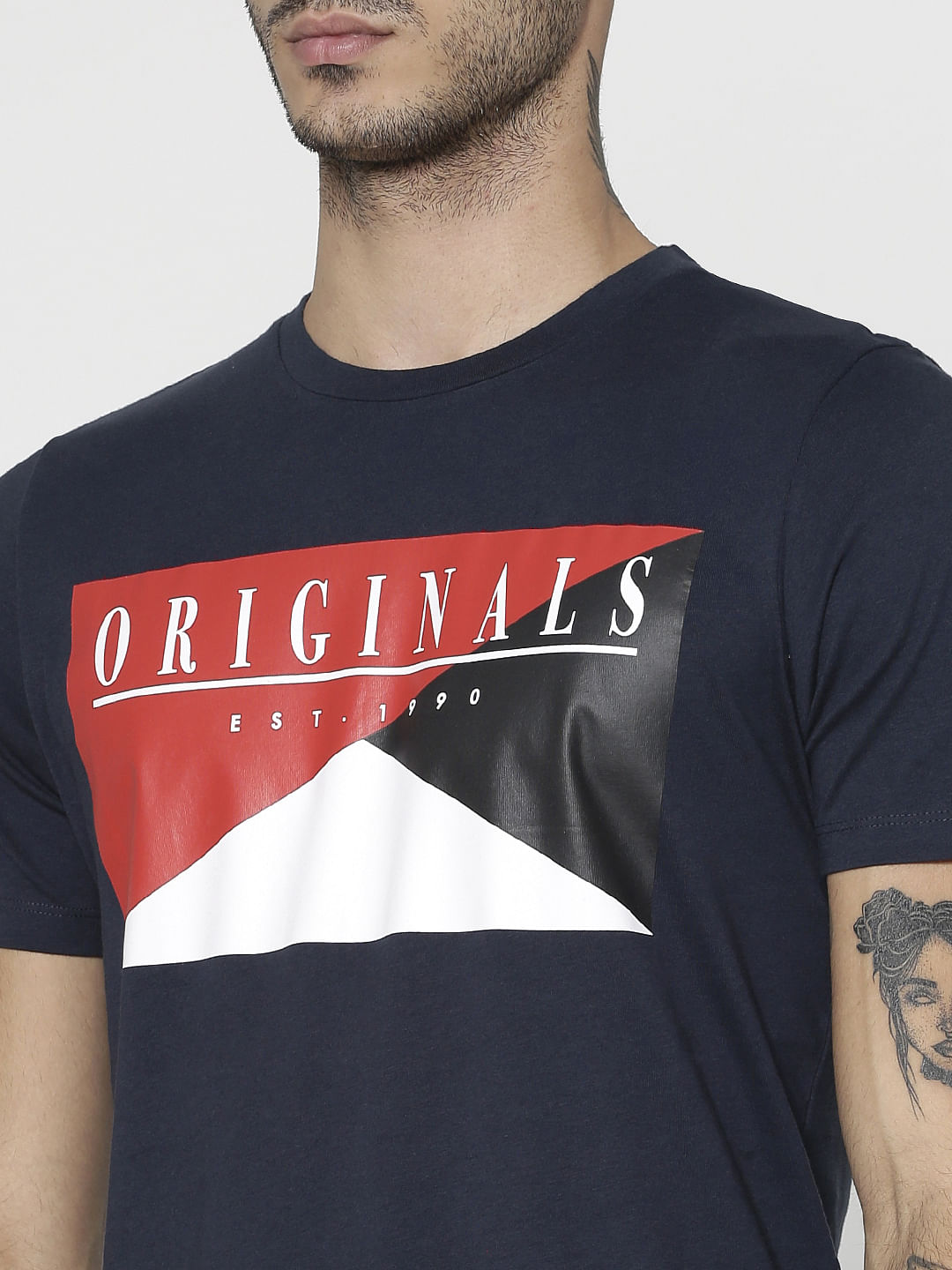 Navy Blue Text Print Slim Fit Crew Neck T-Shirt