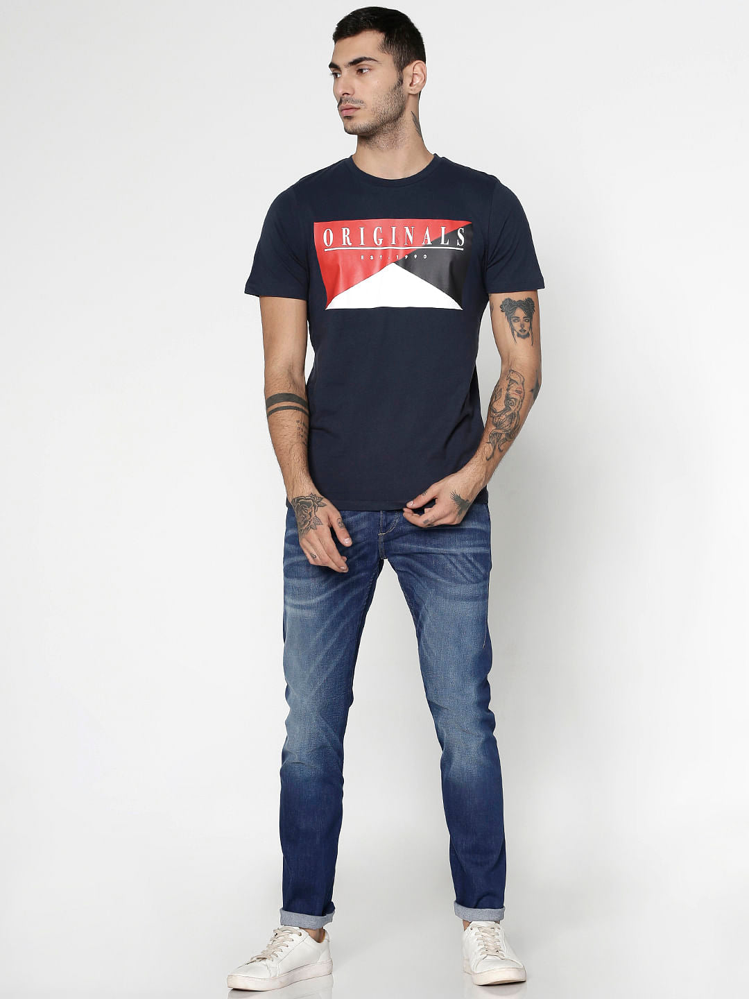 Navy Blue Text Print Slim Fit Crew Neck T-Shirt