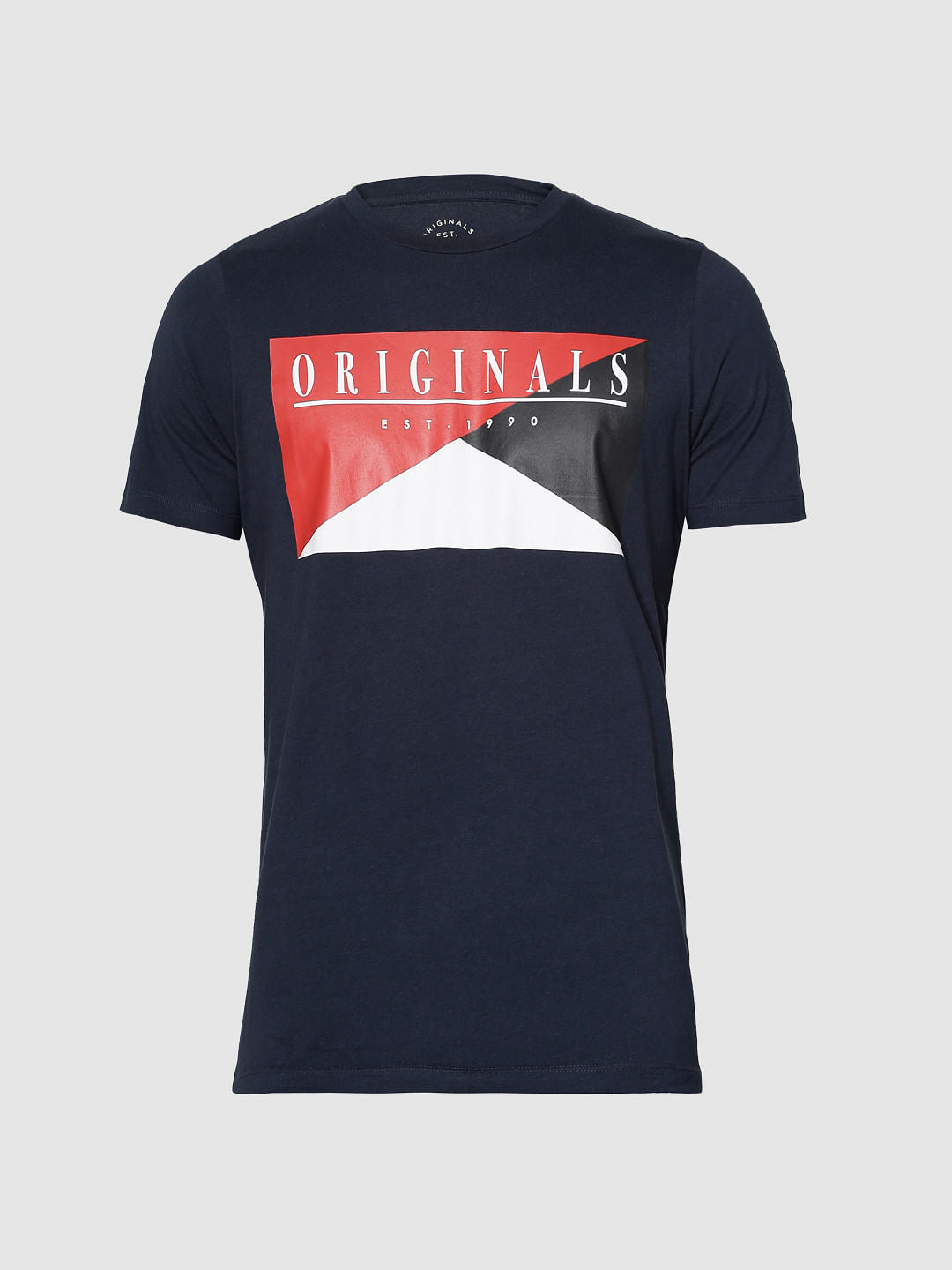 Navy Blue Text Print Slim Fit Crew Neck T-Shirt