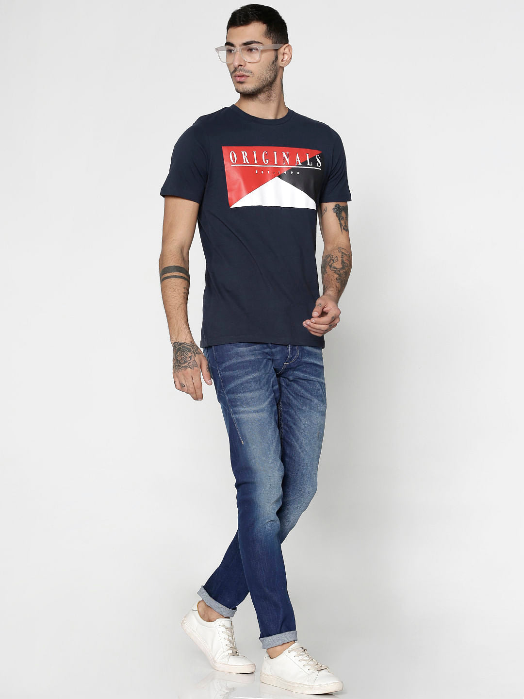 Navy Blue Text Print Slim Fit Crew Neck T-Shirt