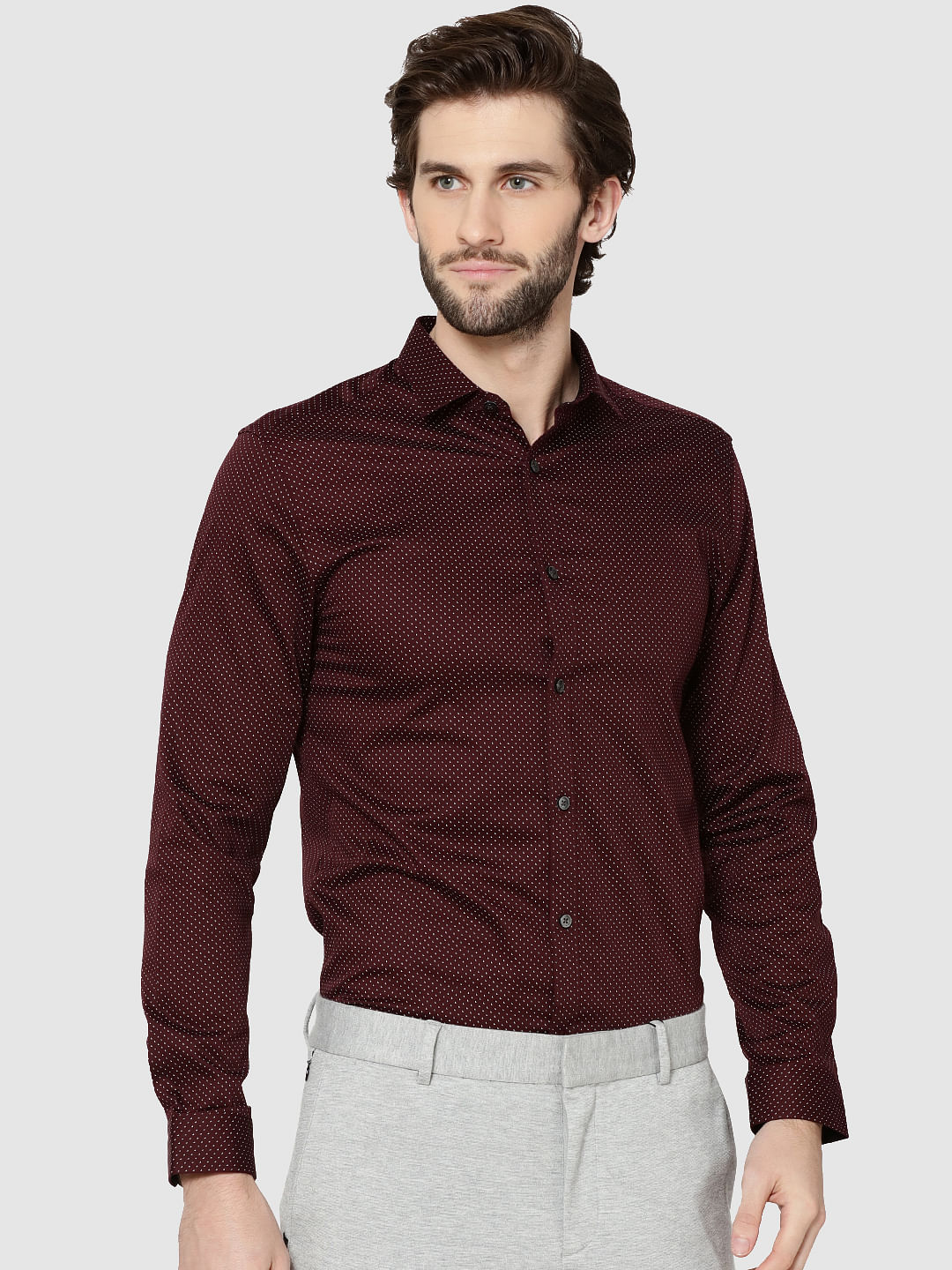 Burgundy All Over Print Full Sleeves Slim Fit Shirt - S