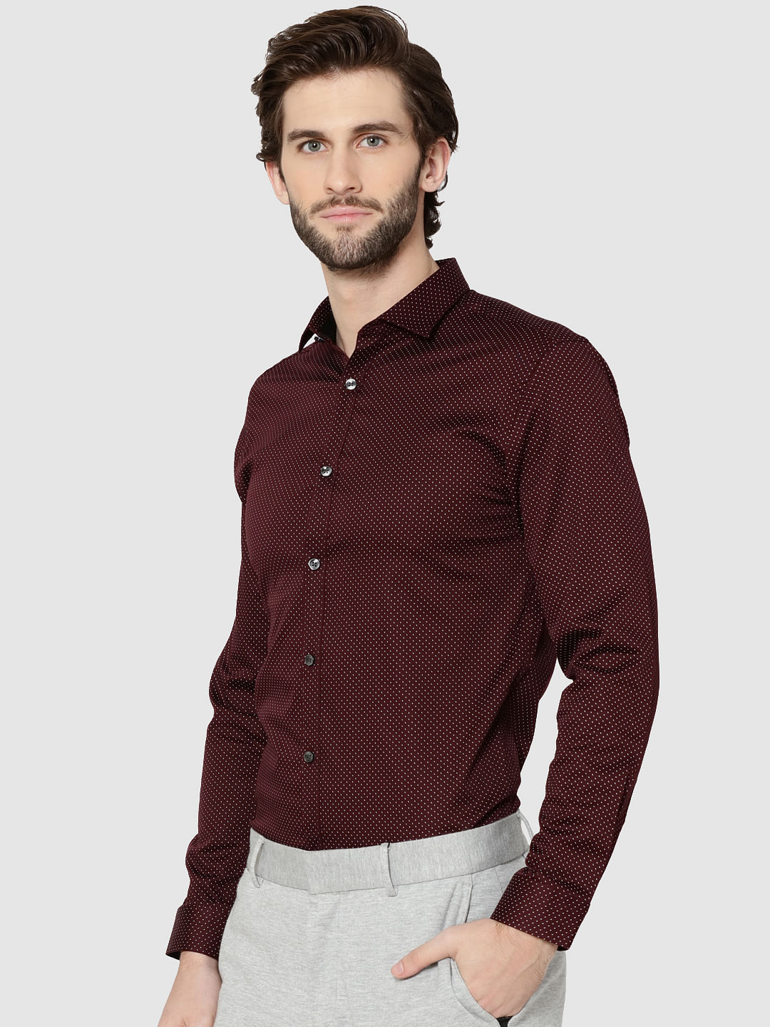 Burgundy All Over Print Full Sleeves Slim Fit Shirt
