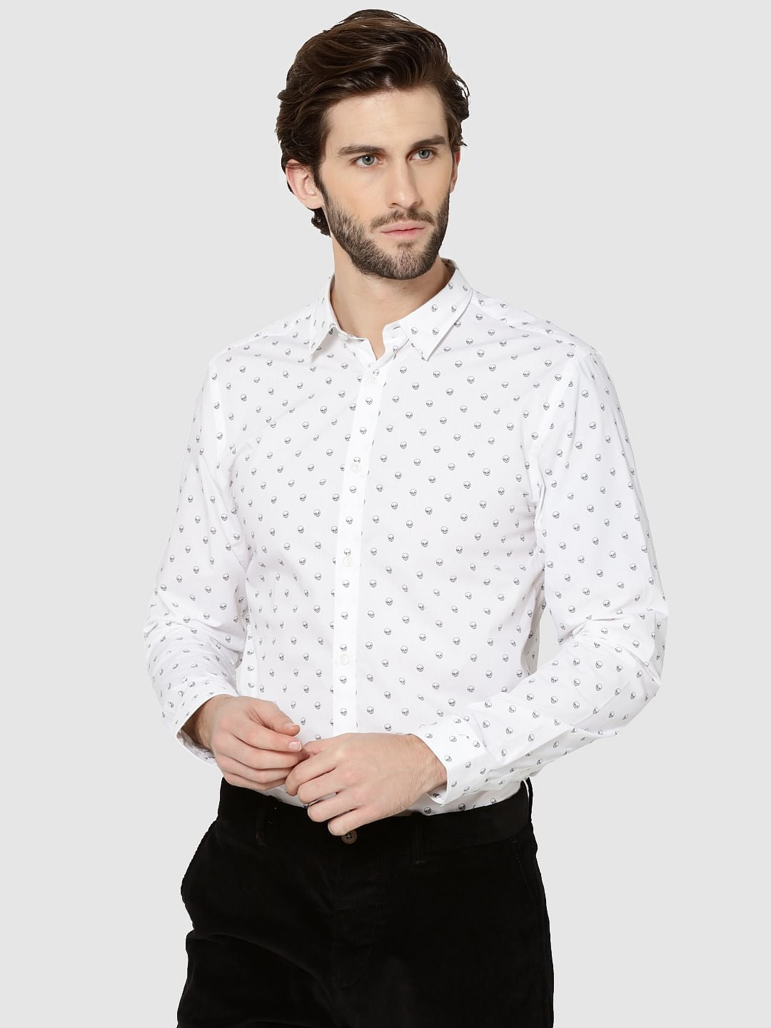 White All Over Skull Print Full Sleeves Shirt - S