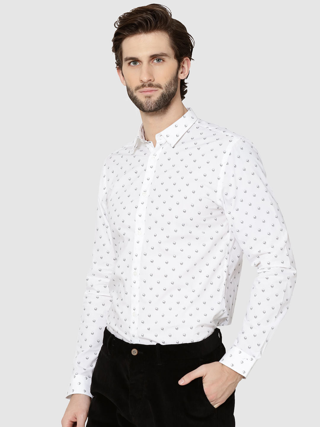 White All Over Skull Print Full Sleeves Shirt