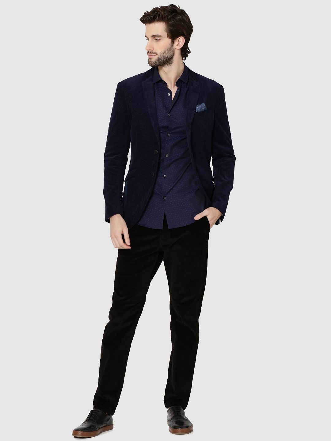 Dark Blue All Over Printed Jacquard Slim Fit Shirt