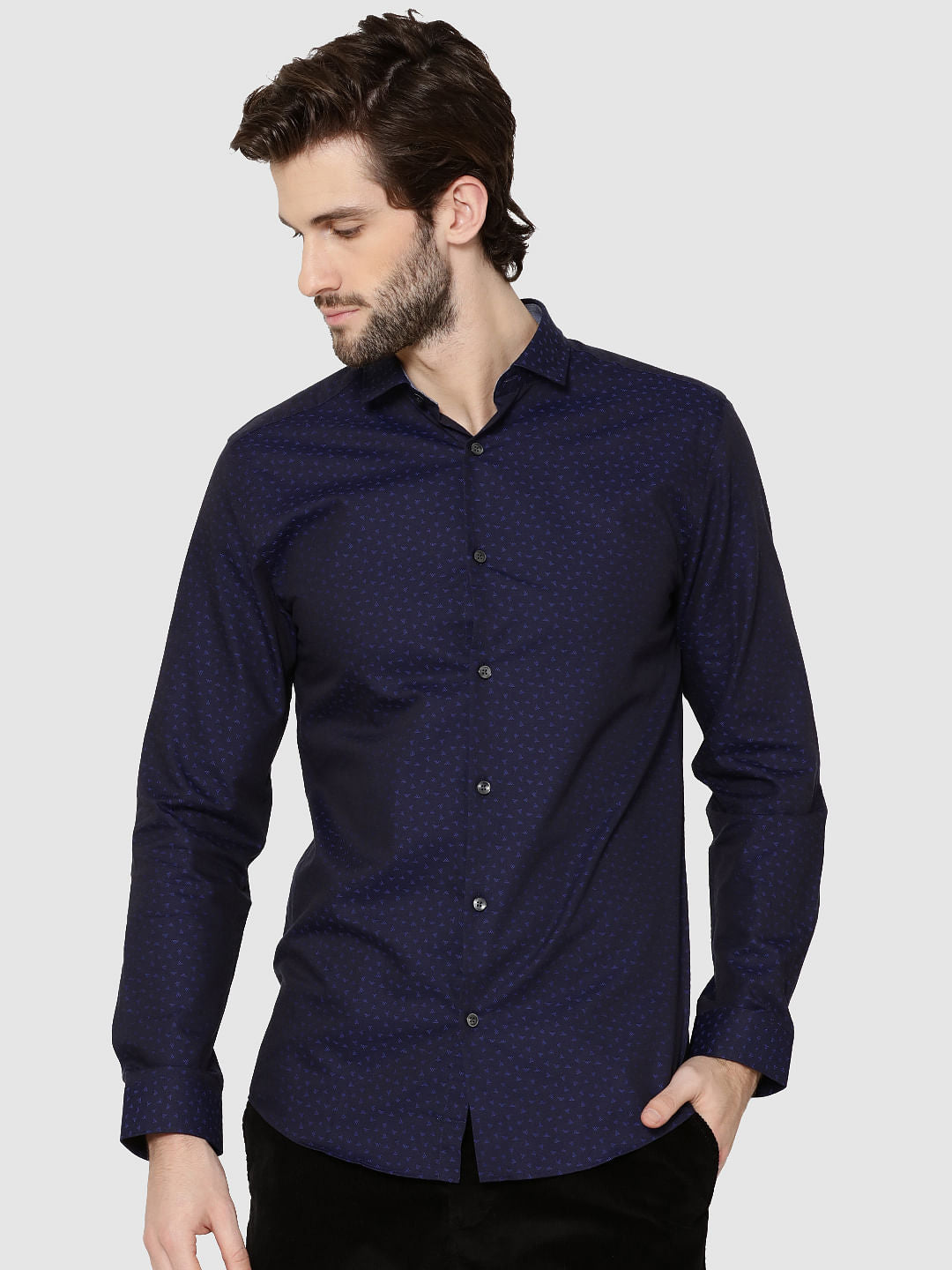 Dark Blue All Over Printed Jacquard Slim Fit Shirt - S
