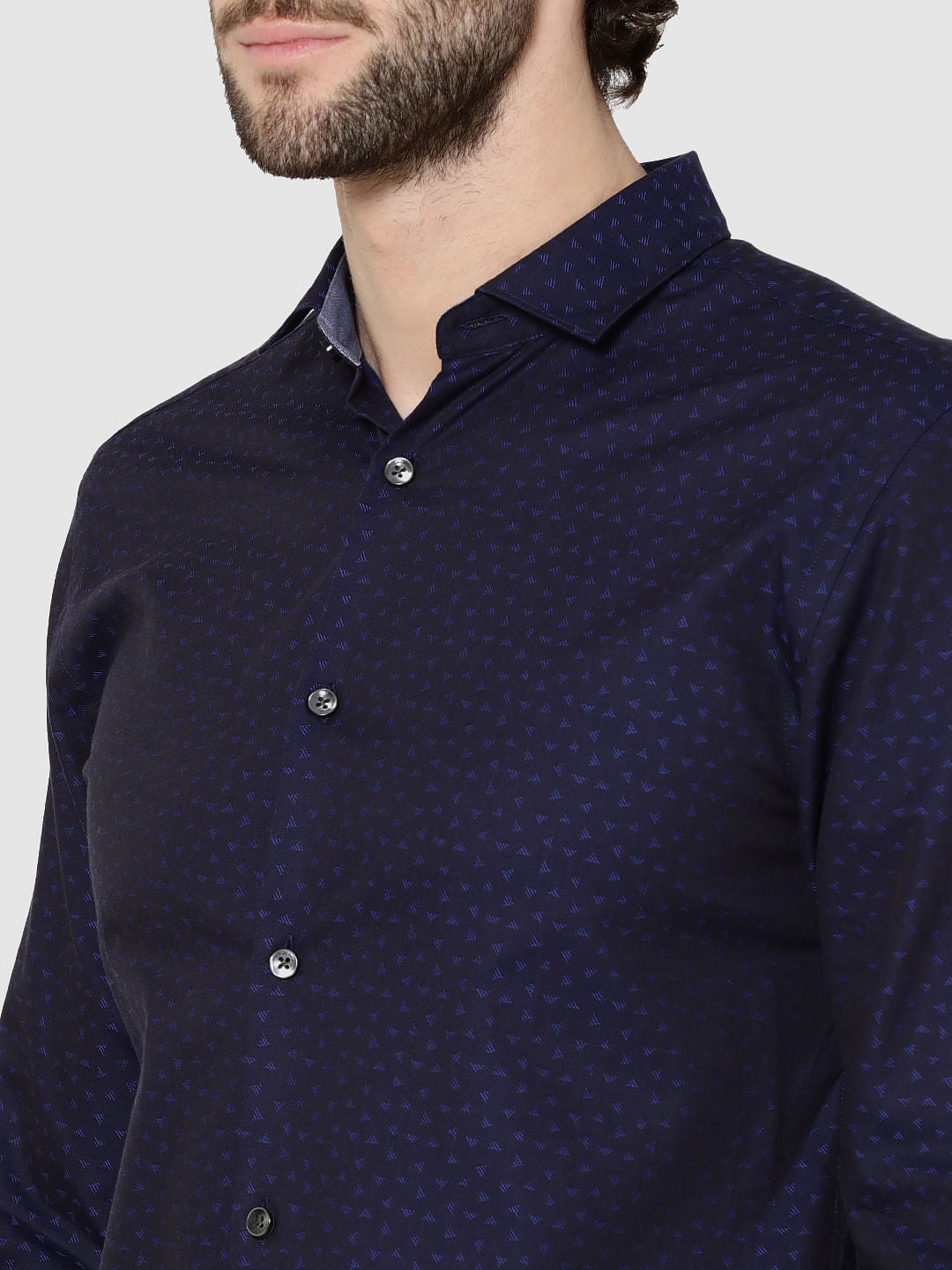 Dark Blue All Over Printed Jacquard Slim Fit Shirt