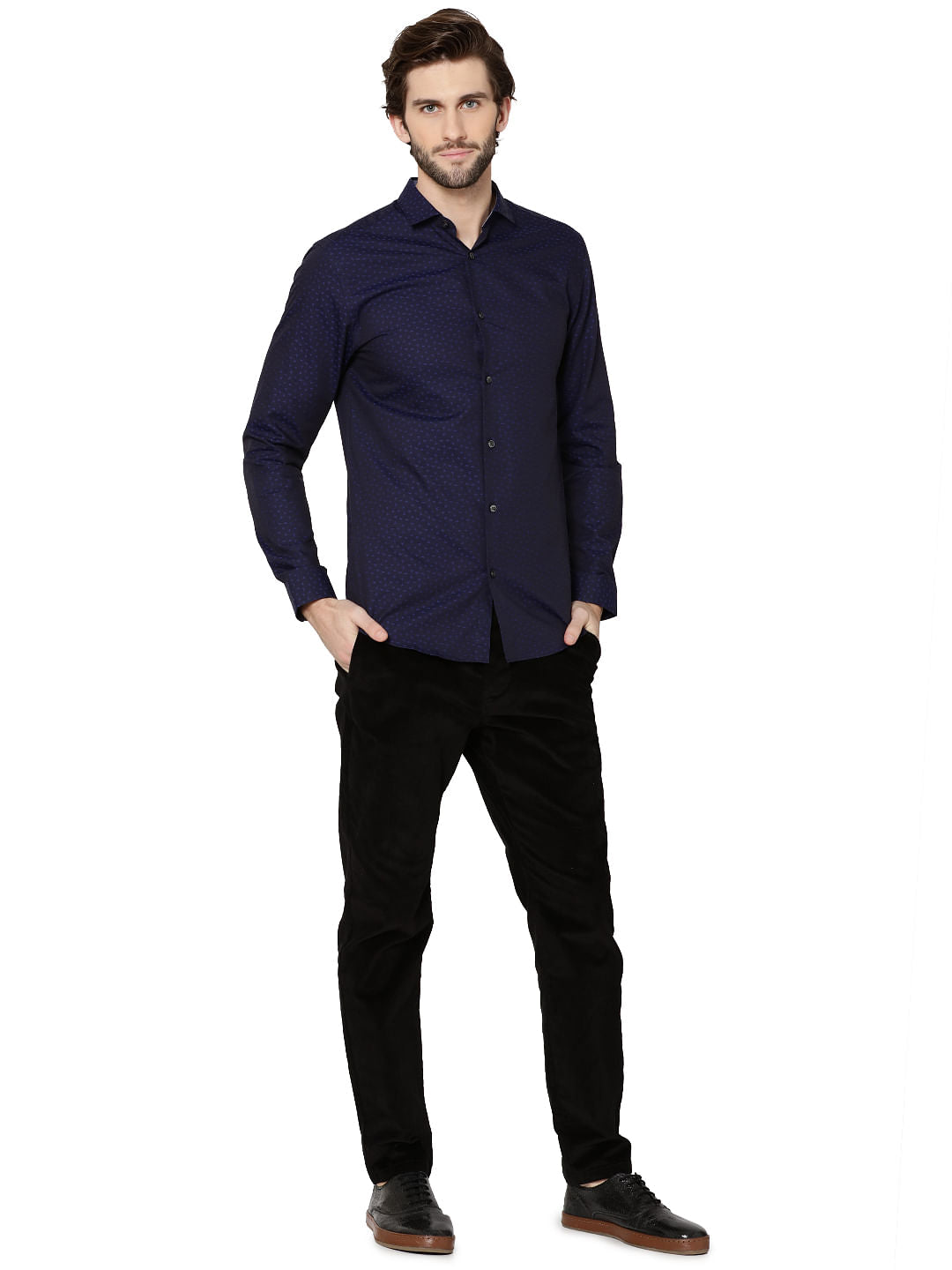 Dark Blue All Over Printed Jacquard Slim Fit Shirt