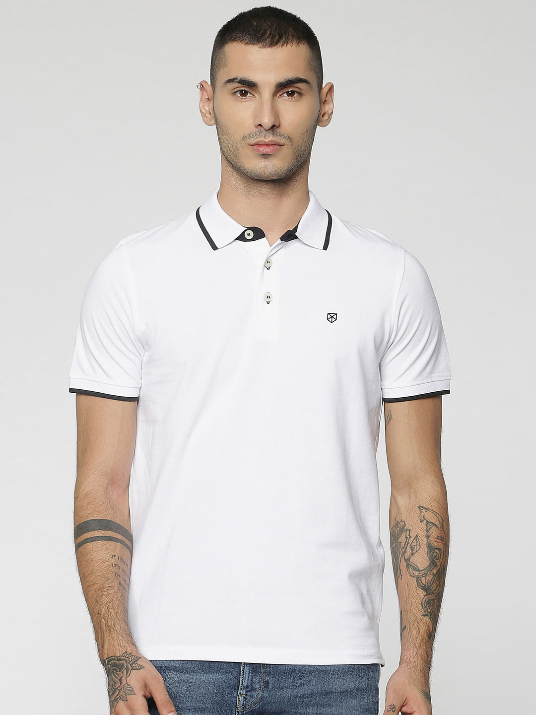 White Contrast Collar Piping Polo T-Shirt - S