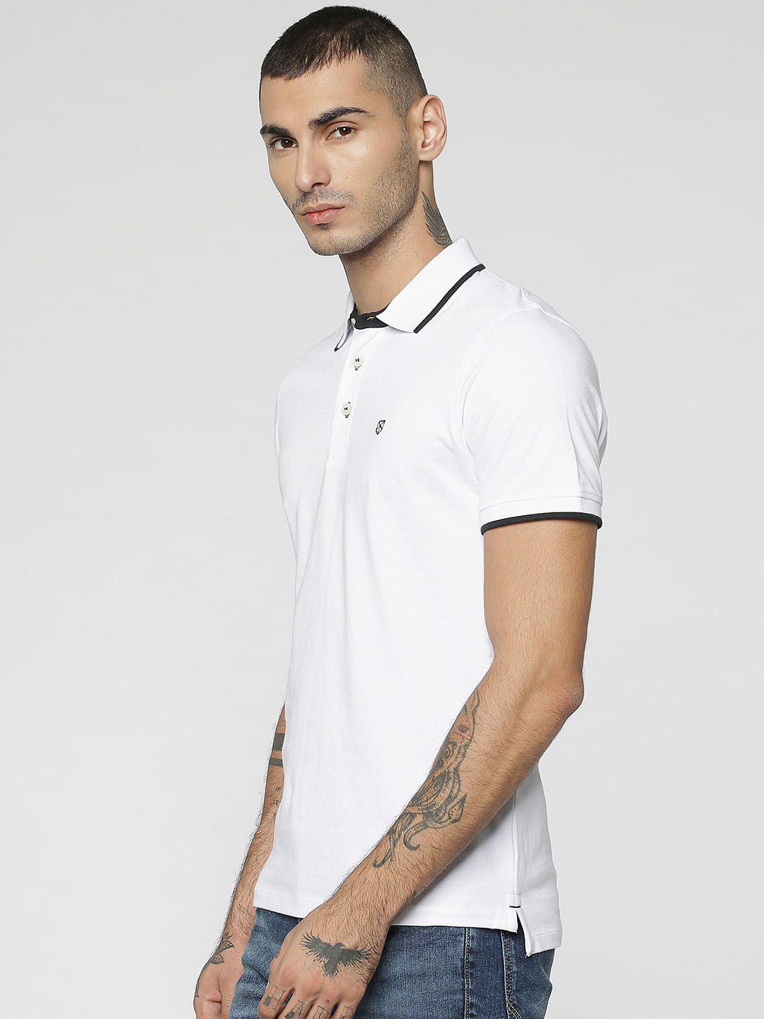 White Contrast Collar Piping Polo T-Shirt