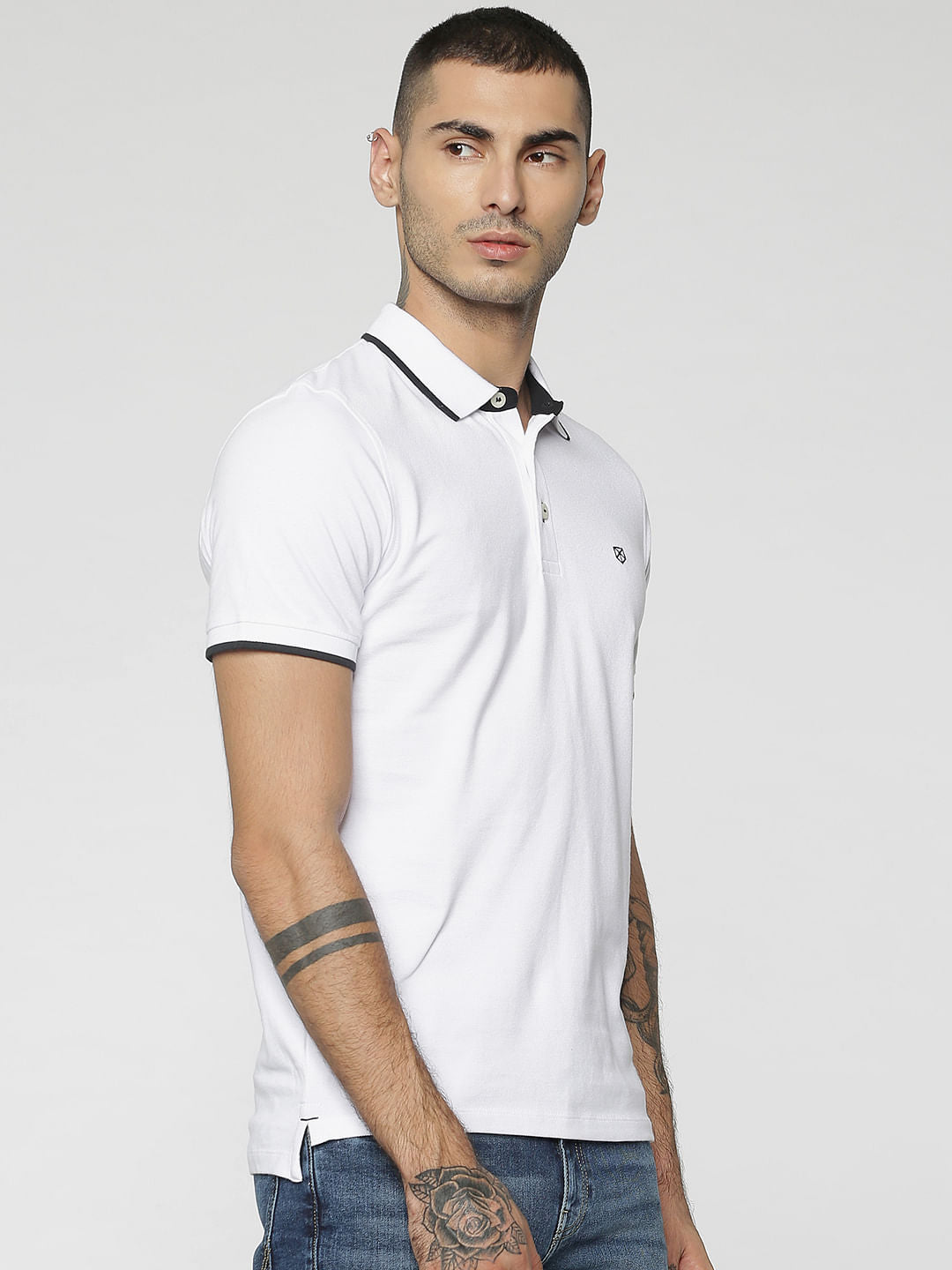 White Contrast Collar Piping Polo T-Shirt