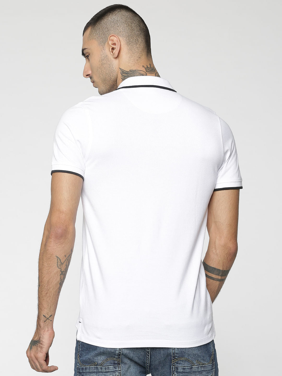 White Contrast Collar Piping Polo T-Shirt