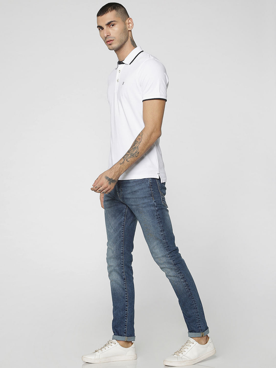 White Contrast Collar Piping Polo T-Shirt