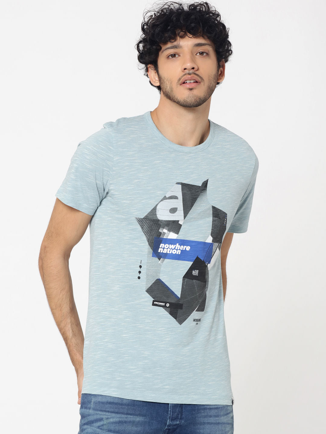 Light Blue Graphic Print Crew Neck T-Shirt - S
