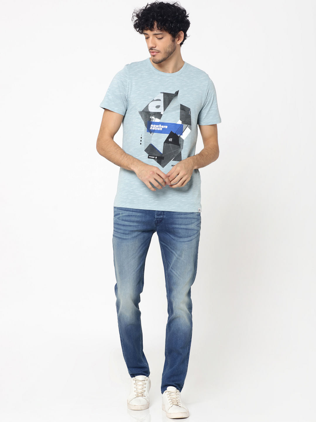 Light Blue Graphic Print Crew Neck T-Shirt
