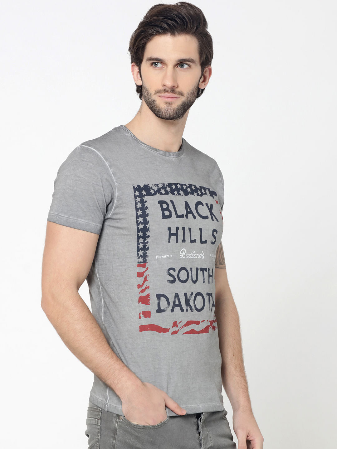 Grey Graphic Print Crew Neck T-Shirt
