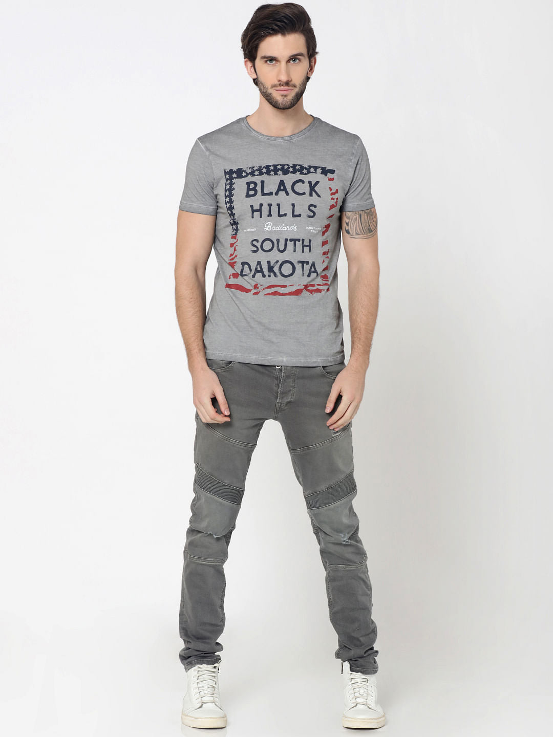 Grey Graphic Print Crew Neck T-Shirt