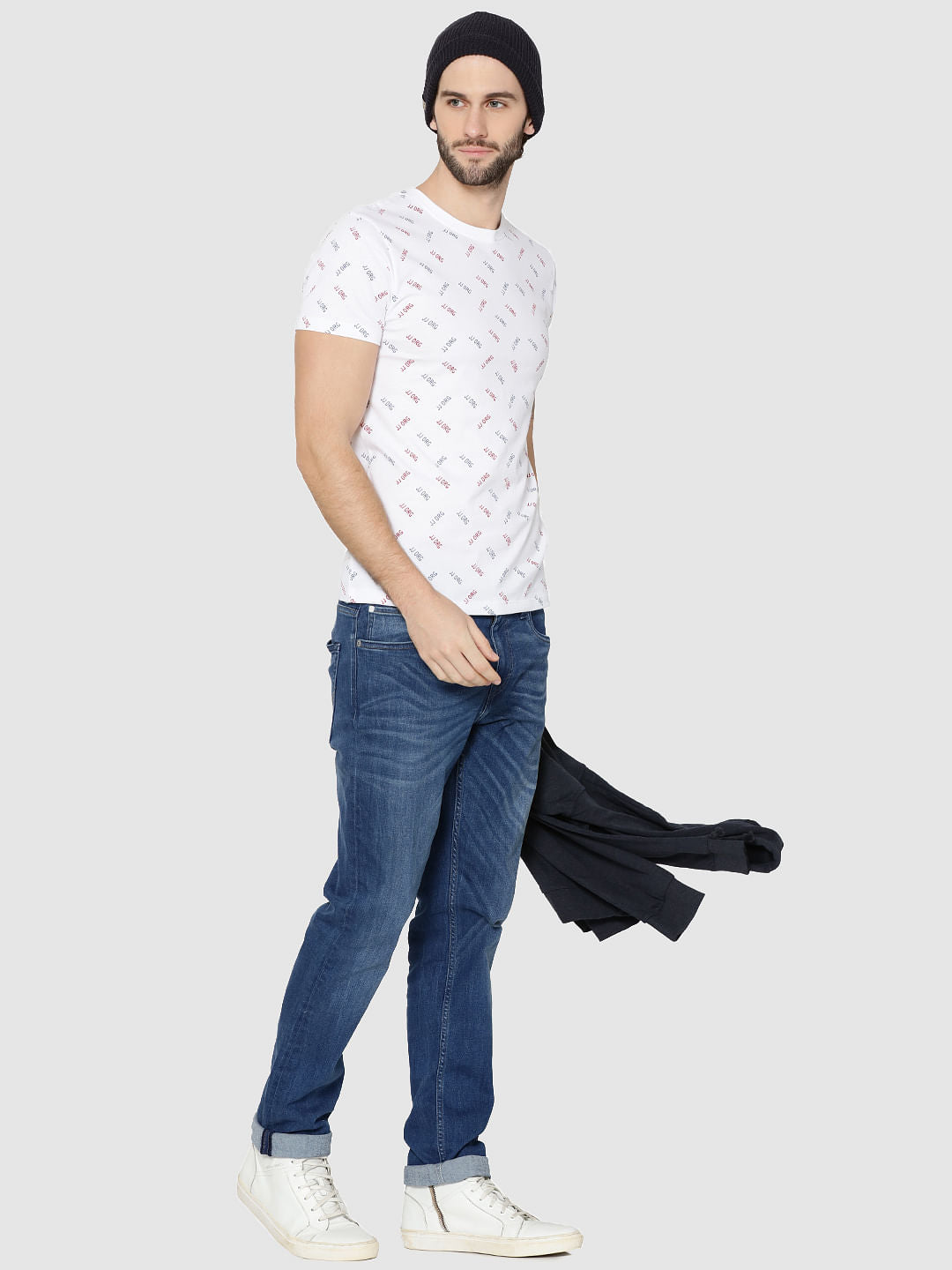 White All Over Text Print Crew Neck T-Shirt