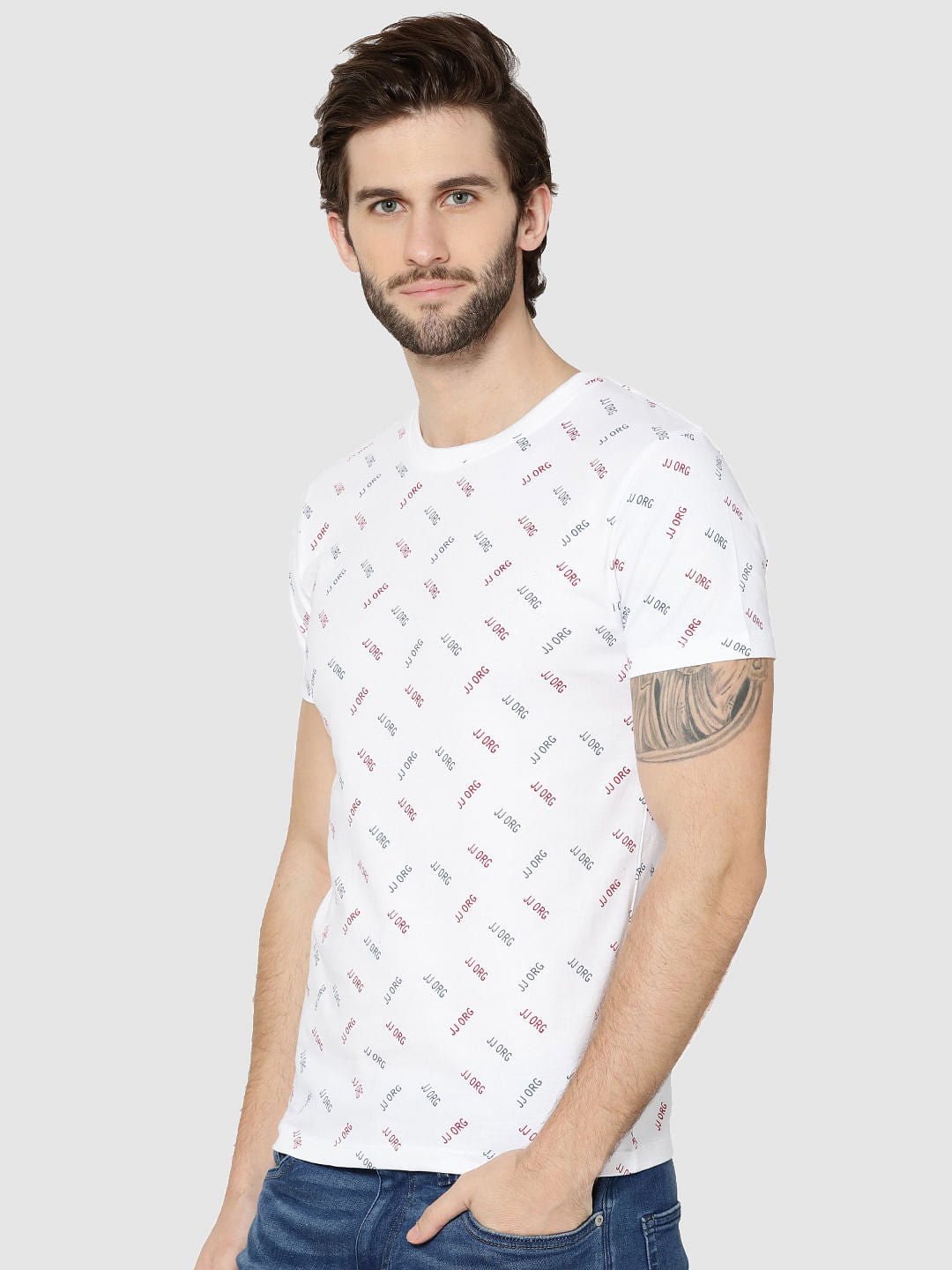 White All Over Text Print Crew Neck T-Shirt - S