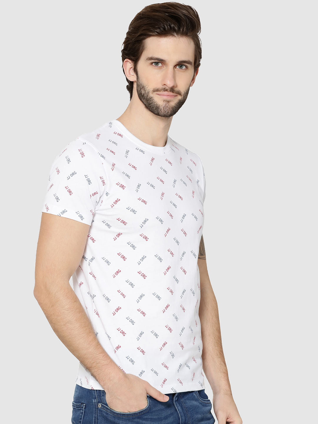 White All Over Text Print Crew Neck T-Shirt