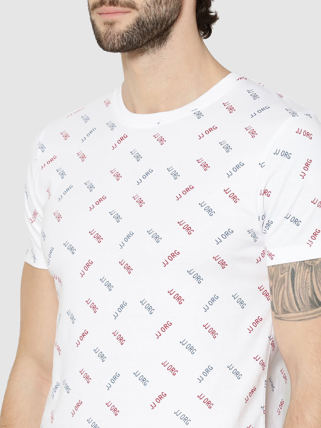 White All Over Text Print Crew Neck T-Shirt