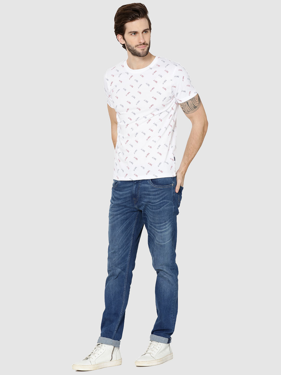 White All Over Text Print Crew Neck T-Shirt
