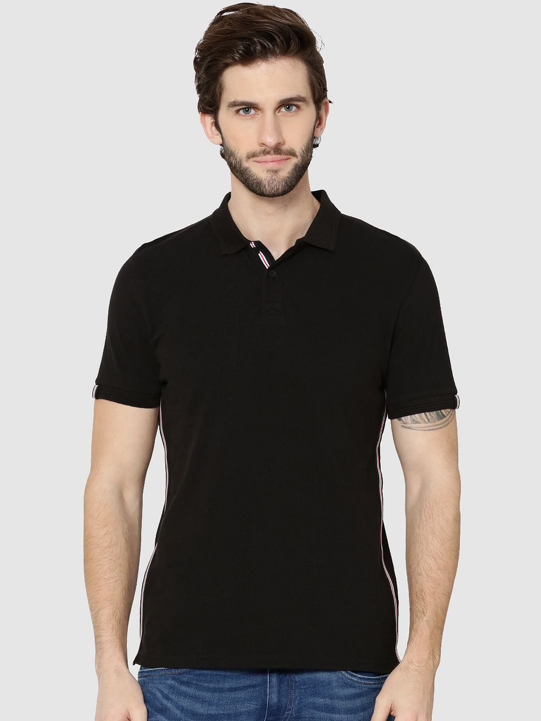 Black Tape Detail Polo T-Shirt - S