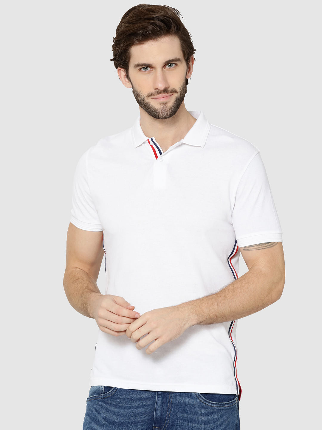 White Tape Detail Polo T-Shirt - S