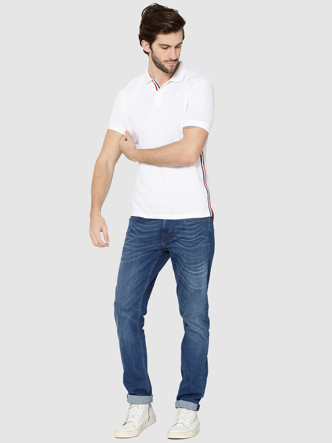 White Tape Detail Polo T-Shirt
