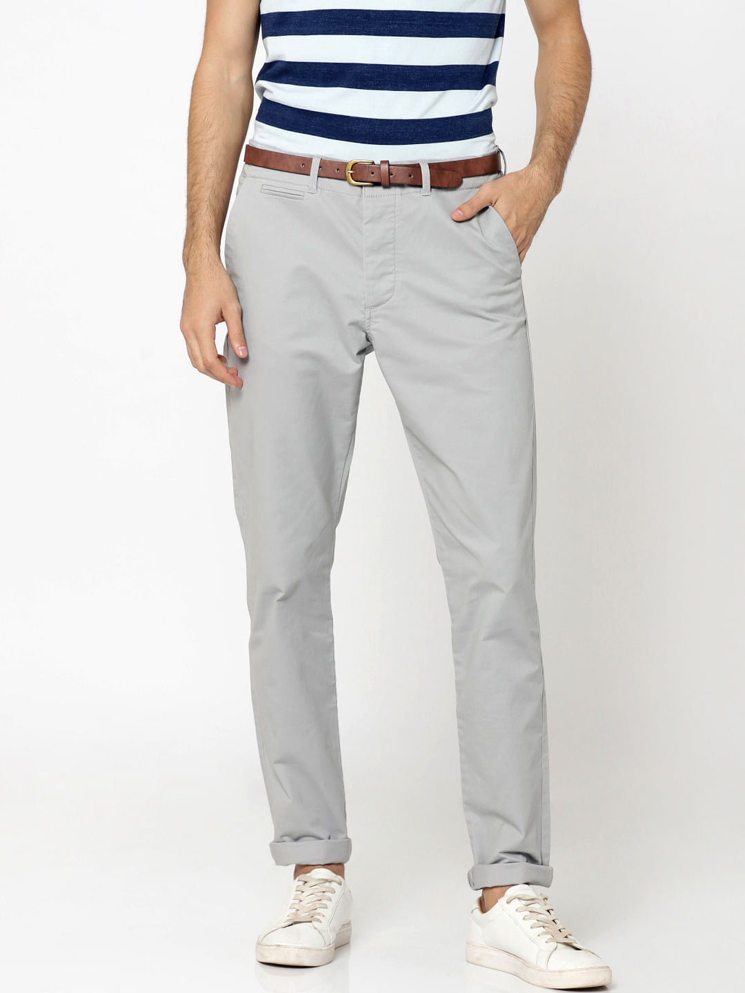 Grey Mid Rise Slim Fit Chinos - 28/32