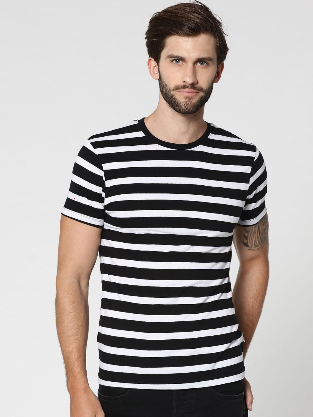 Black Striped Crew Neck T-Shirt - S
