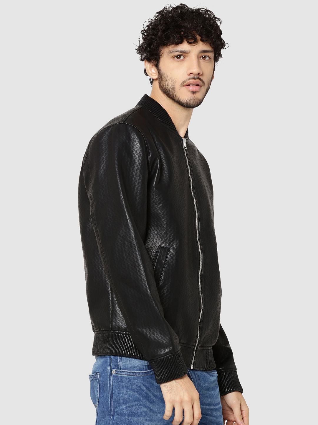 Black Textured Pu Biker Jacket