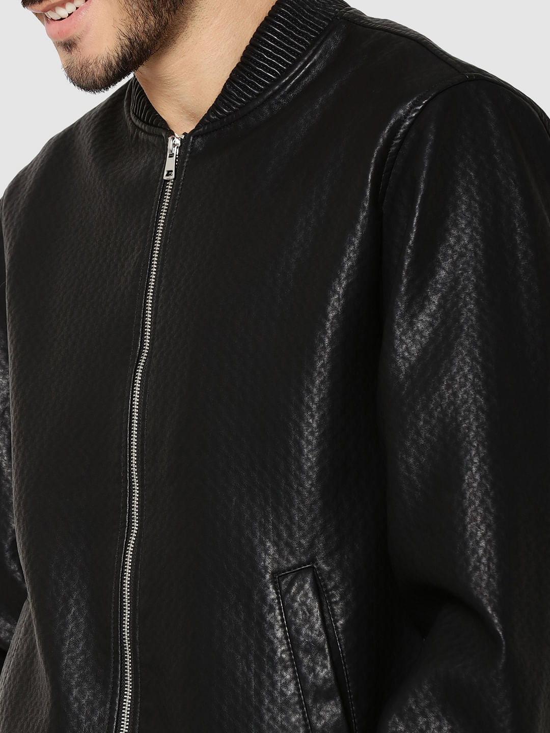 Black Textured Pu Biker Jacket