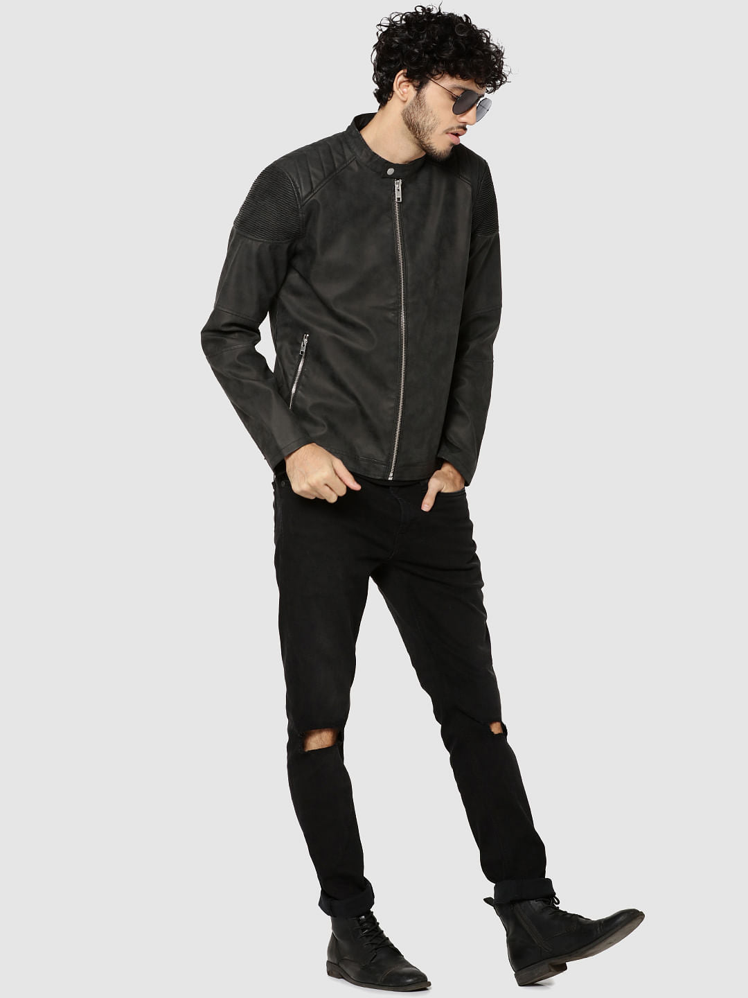 Dark Grey Pu Ribbed Shoulder Biker Jacket