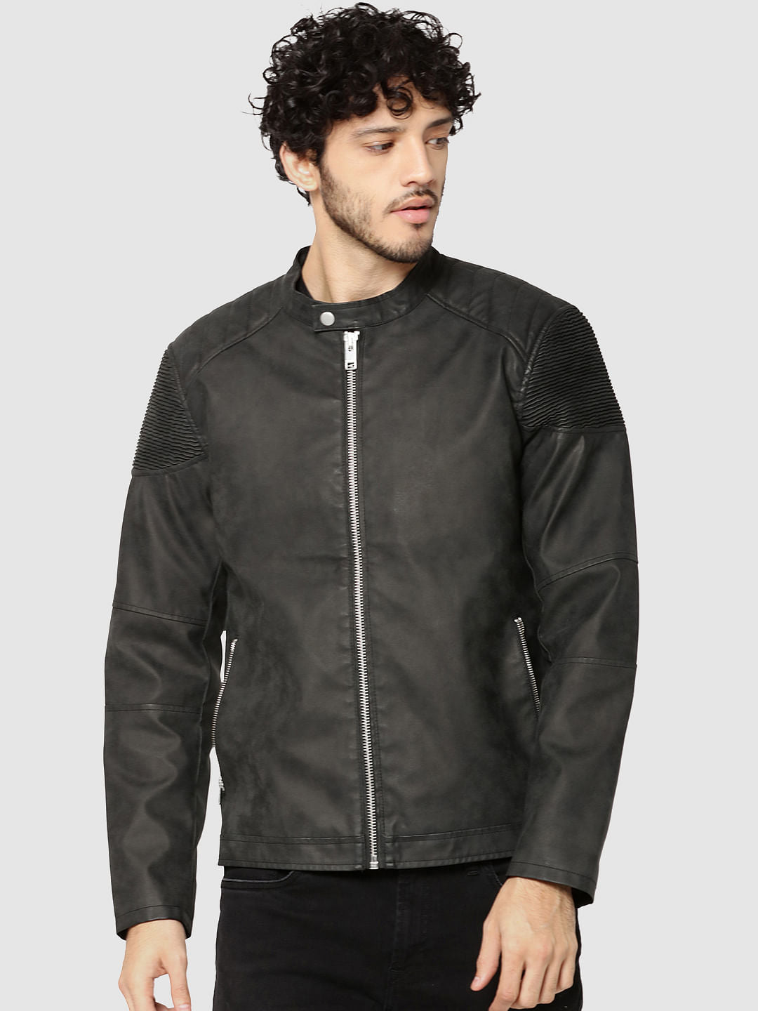 Dark Grey Pu Ribbed Shoulder Biker Jacket - S
