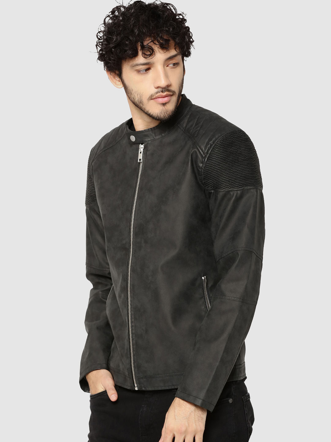 Dark Grey Pu Ribbed Shoulder Biker Jacket