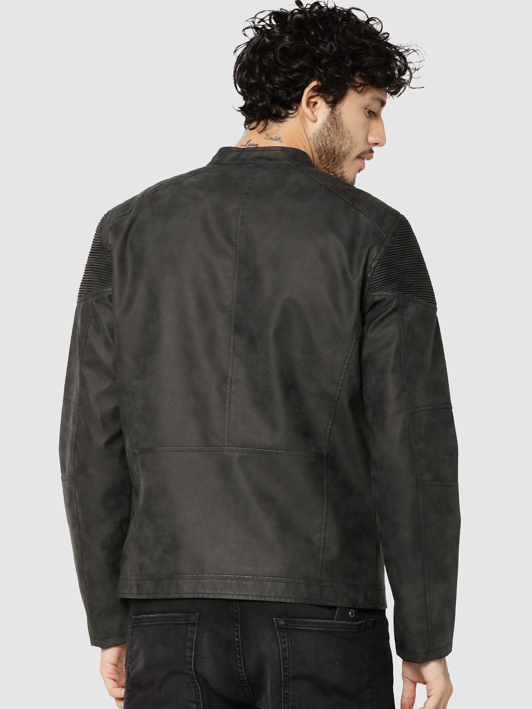 Dark Grey Pu Ribbed Shoulder Biker Jacket