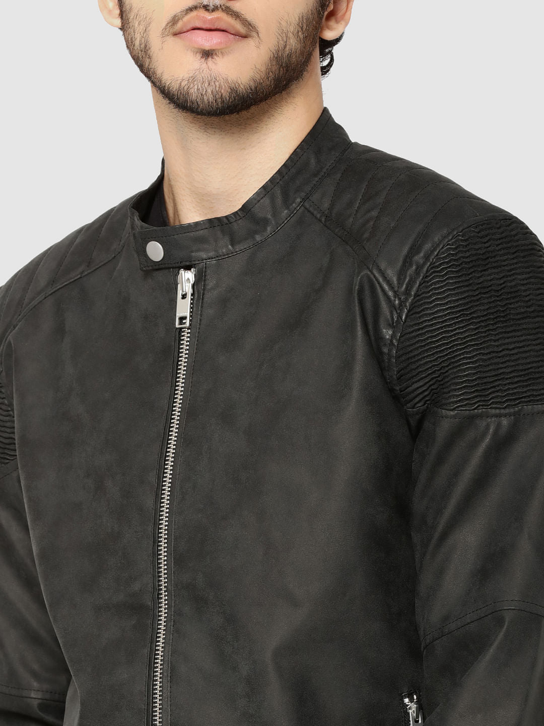 Dark Grey Pu Ribbed Shoulder Biker Jacket