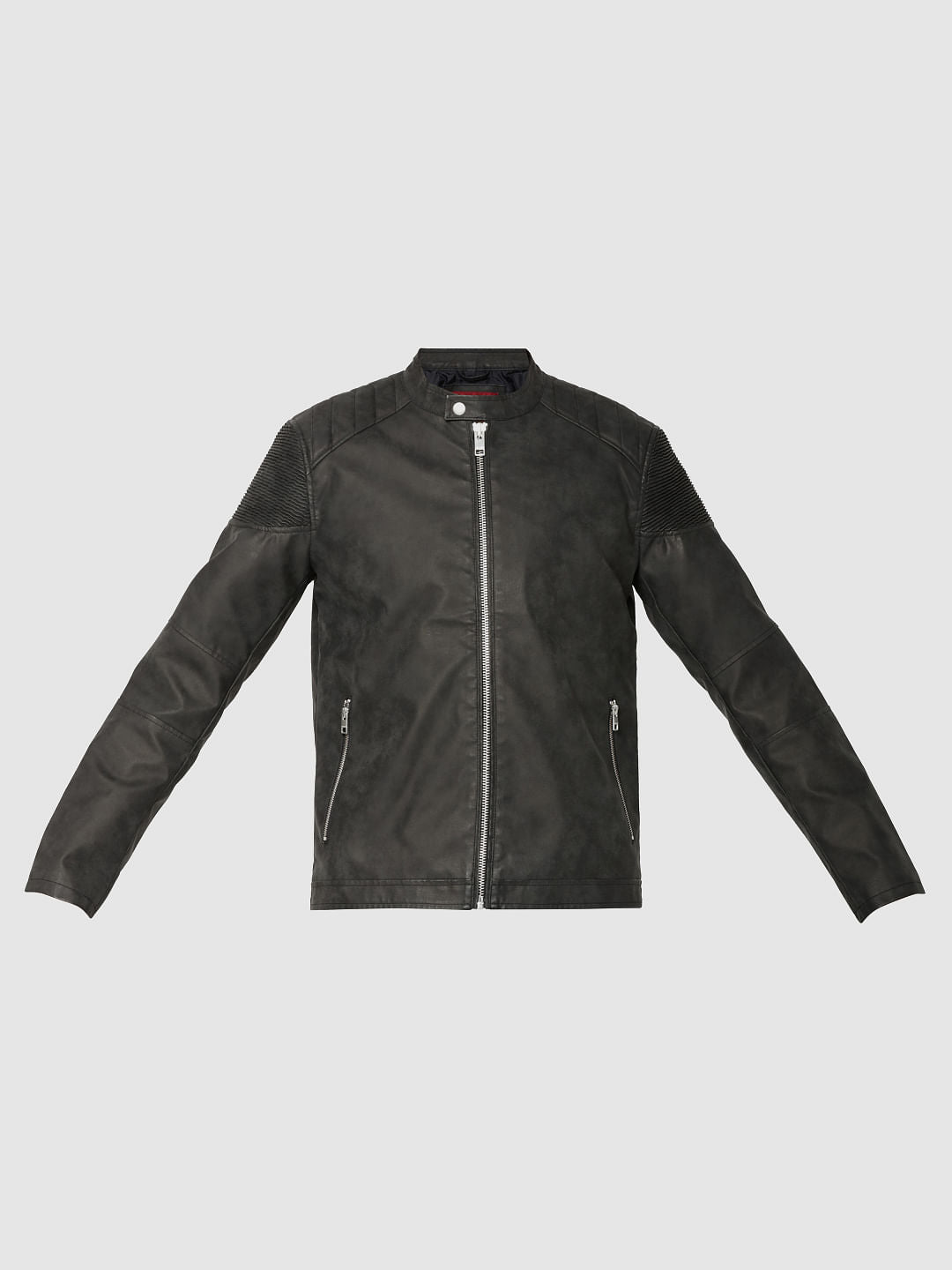 Dark Grey Pu Ribbed Shoulder Biker Jacket