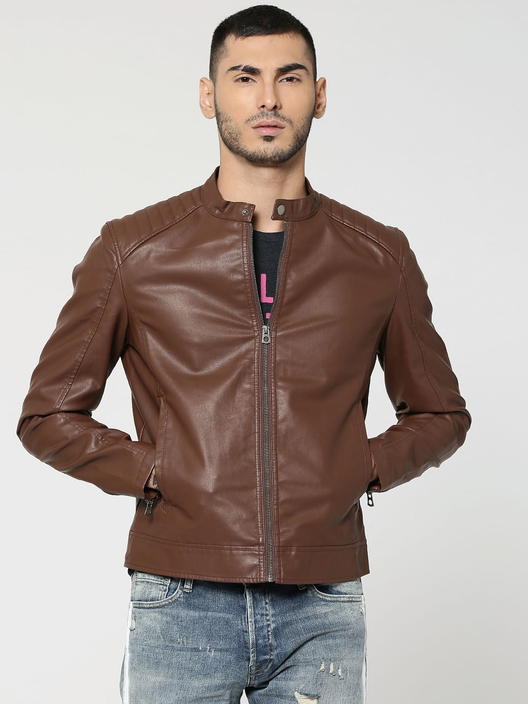 Chocolate Brown Pu Biker Jacket - S