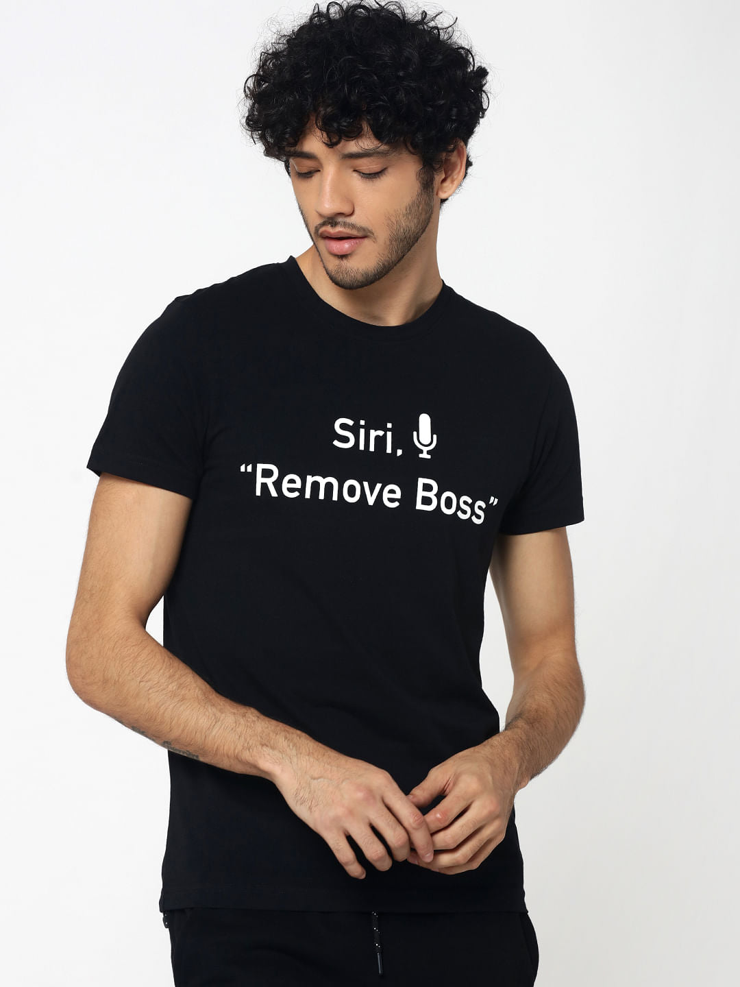 Black Text Print Crew Neck T-Shirt
