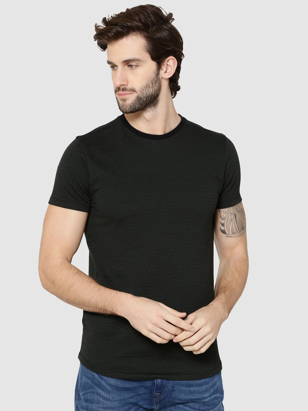 Green Jacquard Weave Crew Neck T-Shirt - S