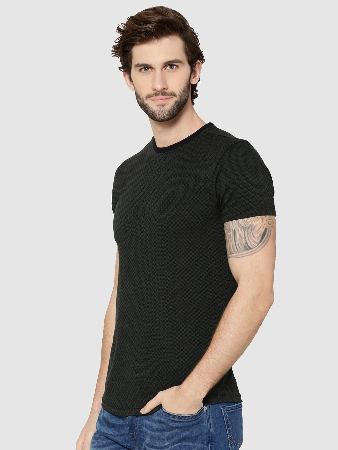 Green Jacquard Weave Crew Neck T-Shirt