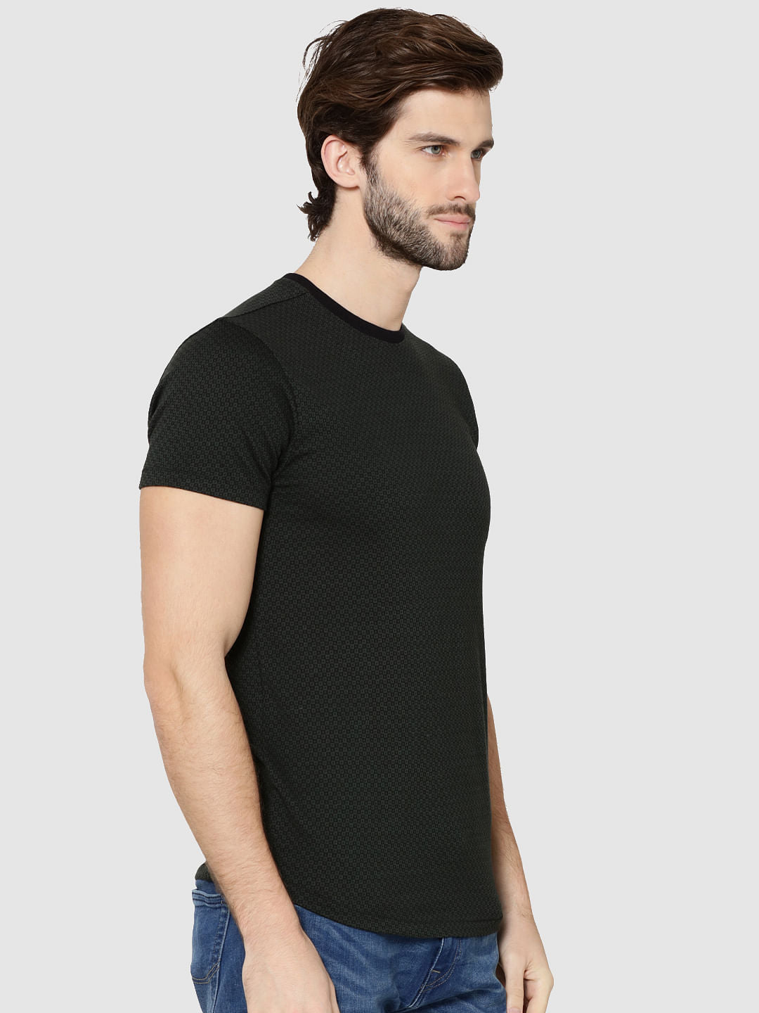 Green Jacquard Weave Crew Neck T-Shirt