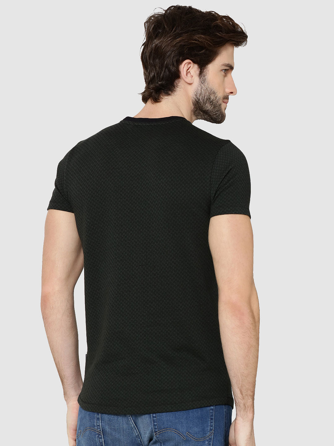 Green Jacquard Weave Crew Neck T-Shirt