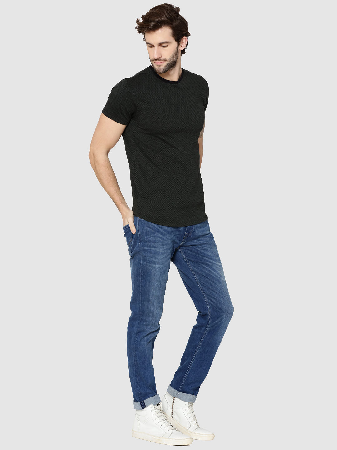 Green Jacquard Weave Crew Neck T-Shirt