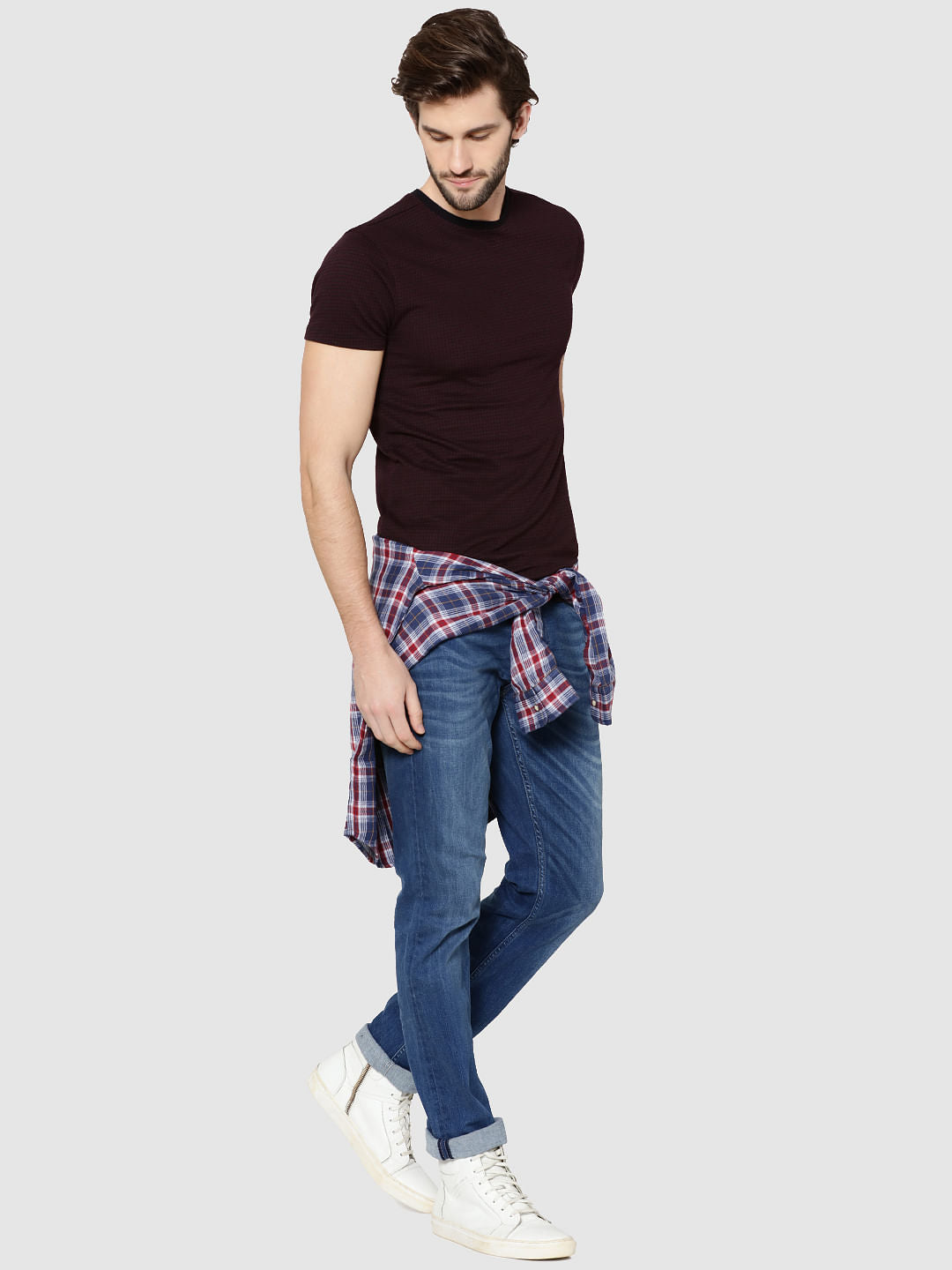 Burgundy Jacquard Crew Neck T-Shirt